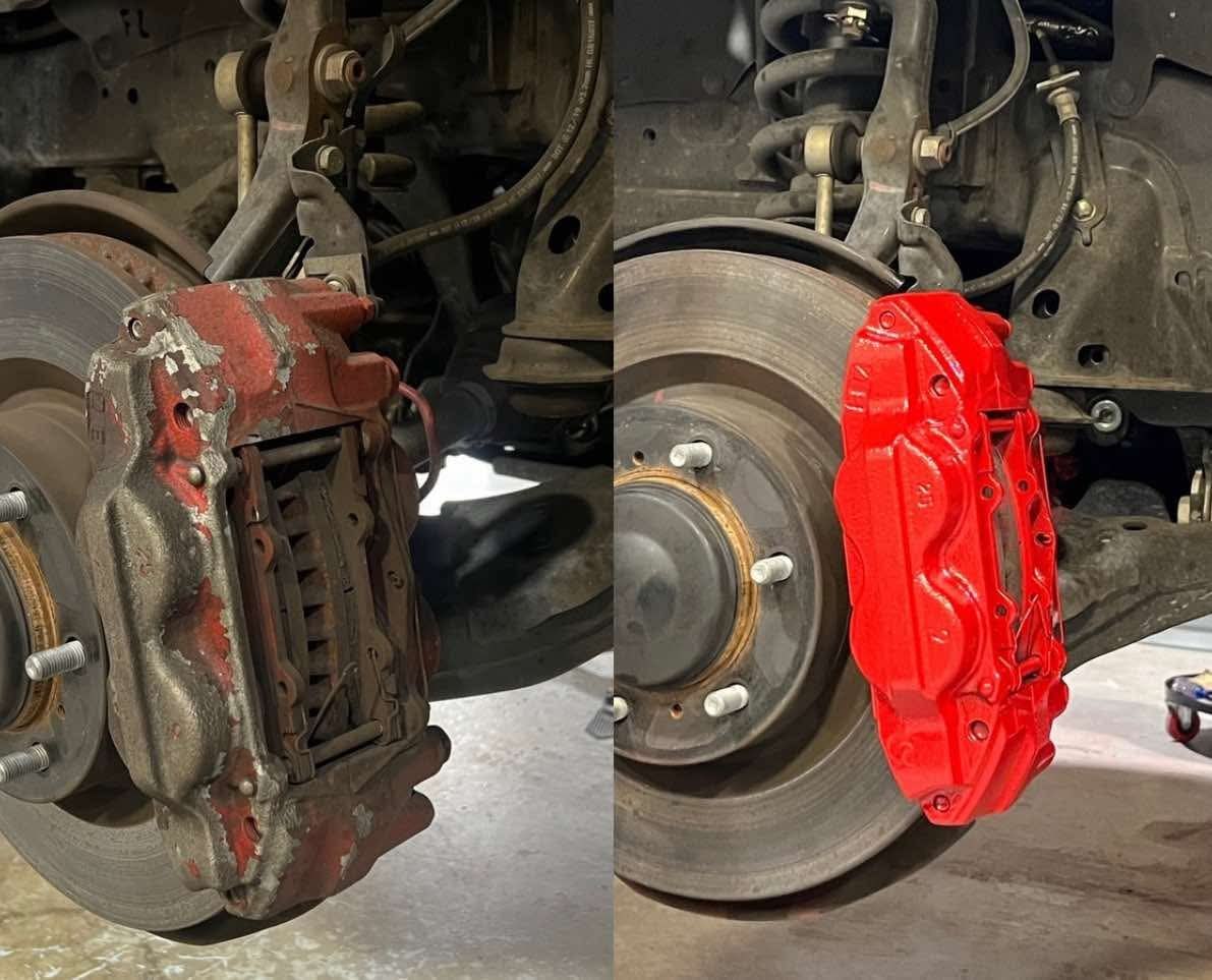 Original comparison: worn caliper paint on the left and fresh red paint on the right